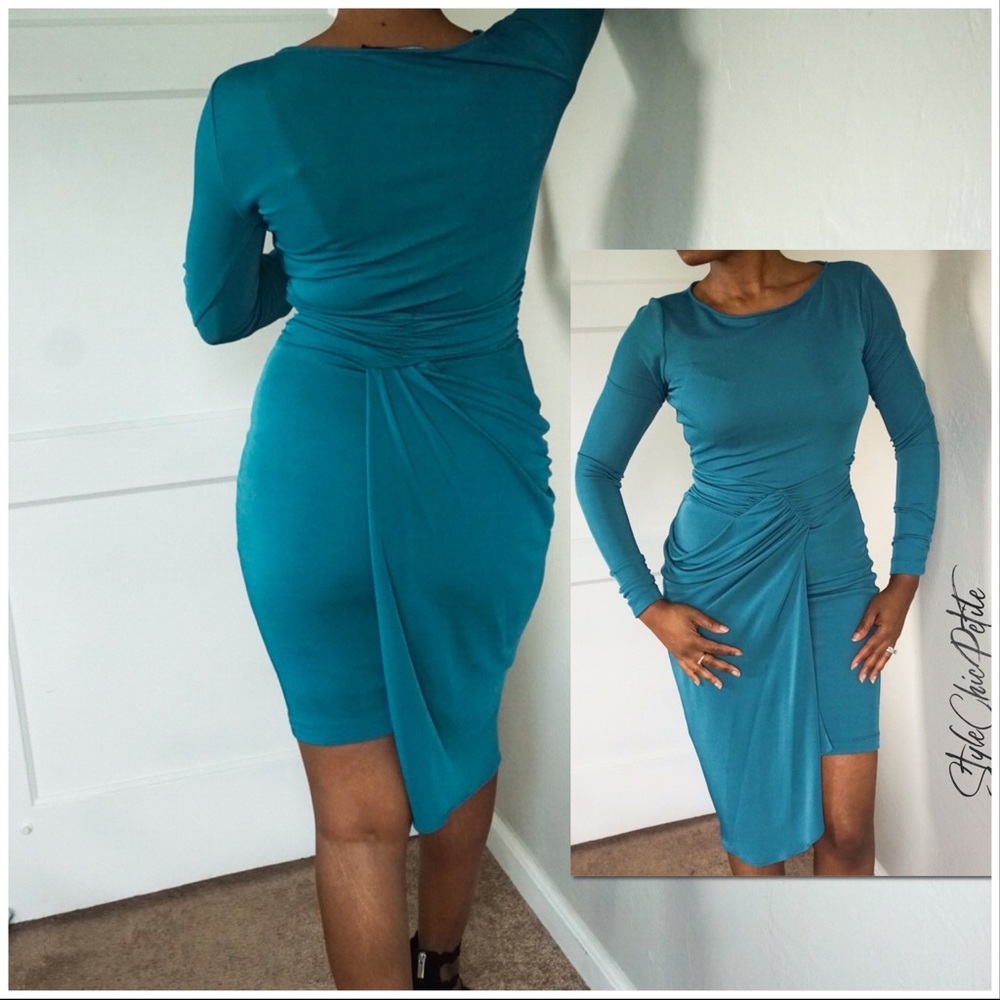 BGBG MaxAzria Cerulean Blue (Teal) Asymmetrical Drape MIDI Dress XSP Host Pick🎉